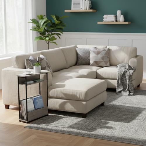 Vintage Narrow Side Table with Storage Shelf, 3 Tier Slim End Table Modern Sofa Table for Narrow and Small Spaces, 24.6 Inch Height Bedside Table Small Nightstand with Magazine Rack Space Saving/Oak