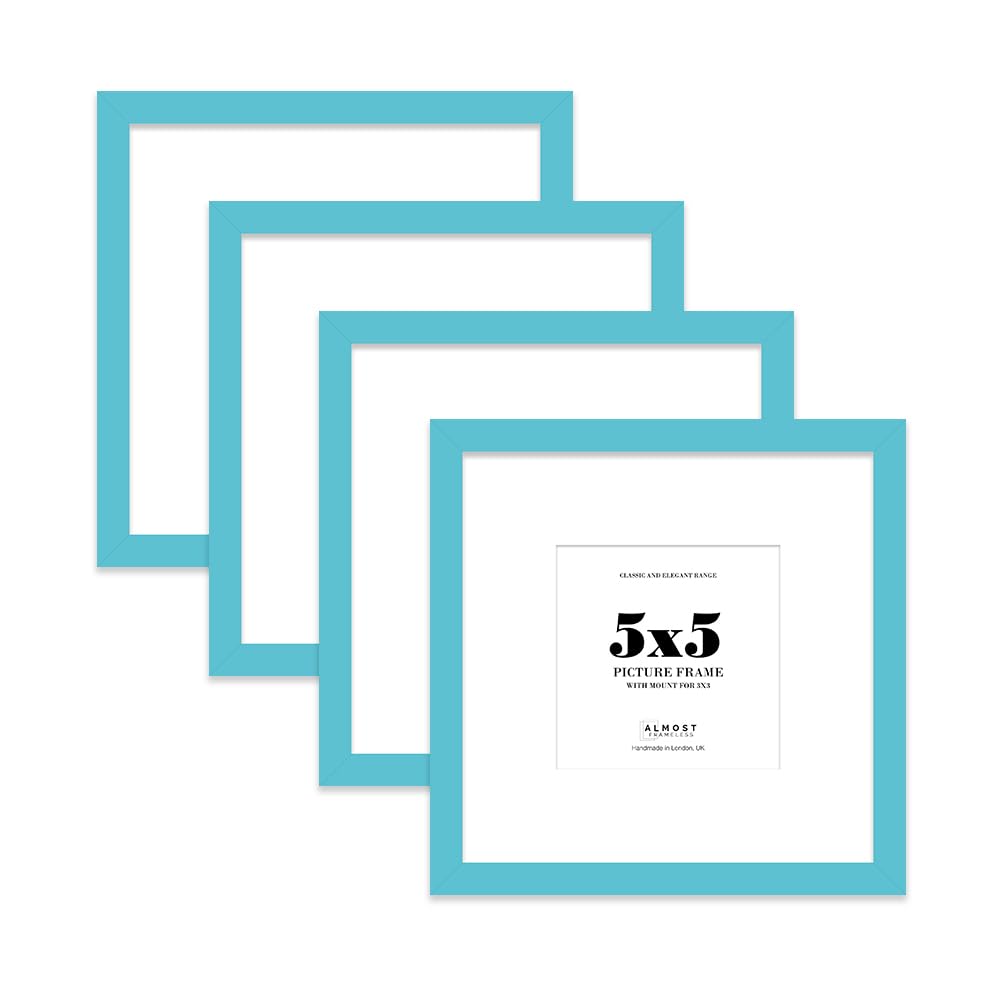 5x5 Turquoise Picture Frame with Mount for 3x3 Photos, Prints - Modern Square Wall Frame, Set of 4