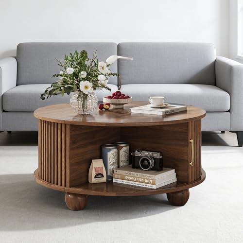 LCVTND Round Coffee Table with Storage, Fluted Center Table with Sliding Tambour Door and Open Shelves, Mid Century Small Coffee Table for Living Room, Small Space, Walnut