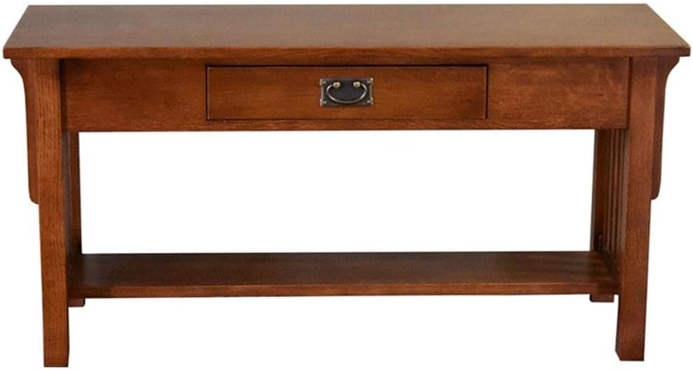 Pemberly Row Arts and Crafts Wood Console Table, Cherry Finish, 1 Drawer with Dovetail Joints, Metal Glides, 48" W x 24" H x 16" D, Mission Style Entryway or Living Room Table