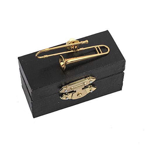 Dselvgvu Miniature 2.13" Trombone Pin Gold Plated Mini Musical Instrument Brooch Brass Fashion Lapel Pin with Red Velvet Lined Instrument Case for Men and Women (2.13" Trombone Pin)
