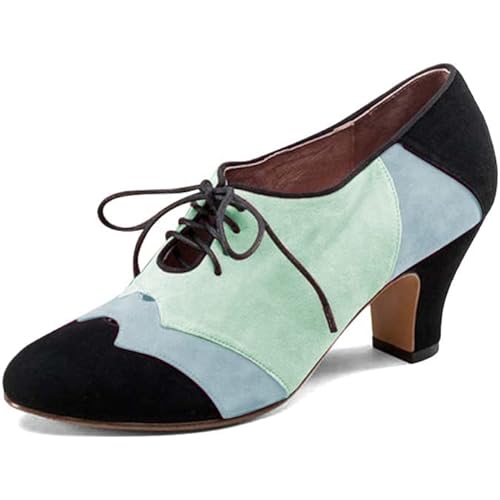 FOWT Women Patchwork Round Closed Toe Oxford Loafers Wingtip Self Tie Mid Heel Pumps School Dress Party Daily Office Shoes Size 4-15 US