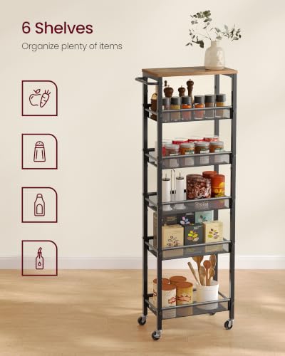 Image of VASAGLE 6-Tier Slim Rolling Storage Cart, Narrow Kitchen Cart with Wheels, Utility Organizer, 17.9 x 8.7 x 51.7 Inch, for Bathroom Pantry, Rustic Brown and Matte Black, Dacey Collection ULRC039K101