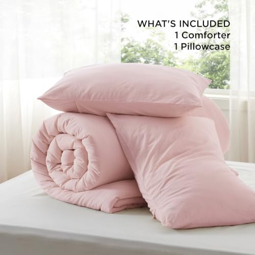 Image of Bedsure Comforter Set Full Size - Cotton Fabric with Microfiber Inner Fill, Light Pink PureWoven Soft Bed Set for All Seasons, 3 Pieces, 1 Comforter (82 inch x 86 inch) and 2 Pillow Cases (20 inch x 26 inch)