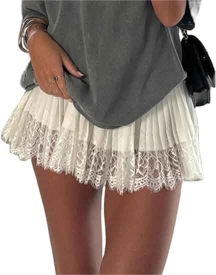 Women Y2k Lace Mini Skirt Fairy Mesh Floral Mid Low Rise Ruffle Half Slip Skirt Layered Flowy Short Skirt Streetwear