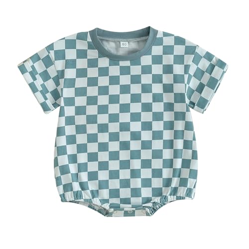Image of Karuedoo Newborn Baby Boy Girl Clothes Checkered T-Shirt Bubble Romper Oversized Short Sleeve Onesie One-Piece Summer Outfit