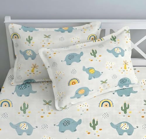 Image of RD FABS Glace Cotton Wrinkle Free Soft Hypoallergenic Elastic Fitted Cartoon Printed Bedsheets for Kids with 2 Pillow(Size,78 x 72 Inches(Fits up to 8 Inch),Grey Elephant),Double Bed,300 TC