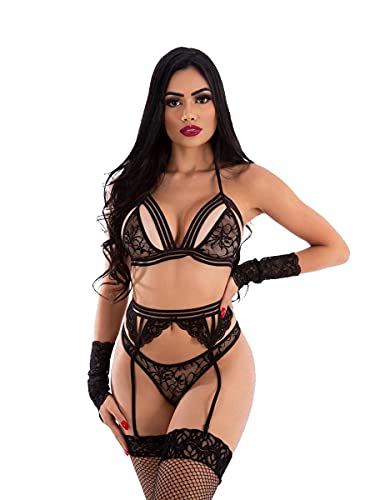 Fantasia Sexy Amante de Luxo Lingerie Sensual Renda + Meia (GG)