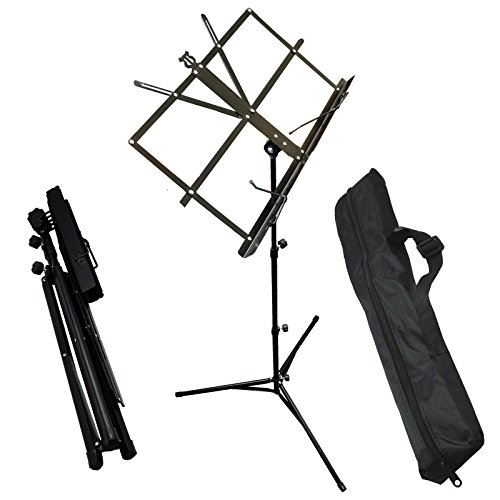 BlueDot Trading Music Stand ~ Collapsible Folding Portable ~ with Nylon Zippered Shoulder Strap Carry and Storage Bag ~ Steel Black