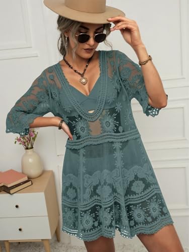 Image of Eomenie Women's Contrast Lace Bathing Suit Cover Up V-Neck Swimsuit Coverups Loose Swimwear Beach Dress Beachwear