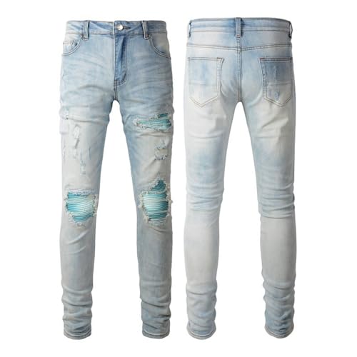 Jeans Pants Trousers Denim Light Blue Ripped Distressed Hole Stretch Slim Fit Trendy Street Casual Small Straight Leg for Men(Light Blue,29)4