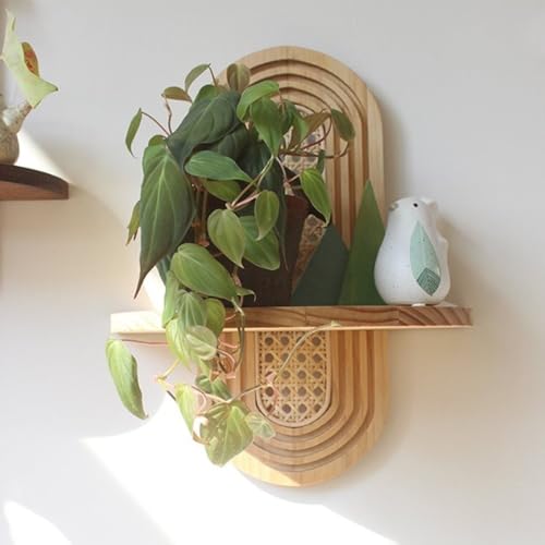 SUNHIPPIE Arch Rattan Floating Shelf, Mid-Century Wood Wall Mounted, Bohemian Hanging Shelf, Modern Rattan Wall Shelf, Arch Wall Decor for Bedroom Living Room Display(Nature)