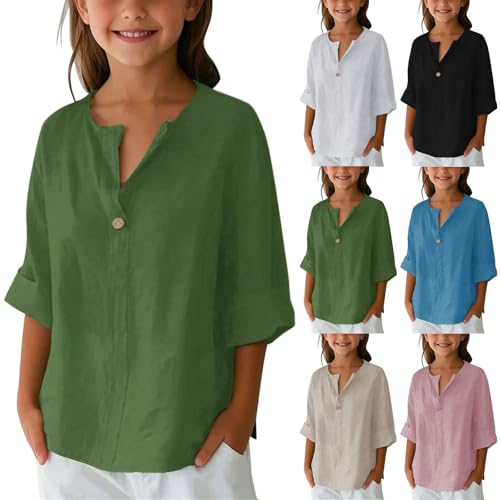 Mädchen-Bluse aus Baumwoll-Leinen, langärmelig, elegantes Kinderhemd, V-Ausschnitt, einfarbig, leicht, atmungsaktiv, Sommer-Knöpfe, lockeres lässiges T-Shirt, einfarbig, rose, 13-14 Jahre
