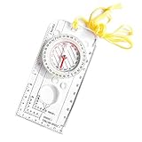 Leicht drehbare LÃ¼nette mit Gradmarkierungen, Kardinalpunkten, Orientierungspfeil und Deklinationszeichen. GroÃŸe Lupe.