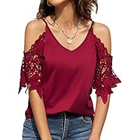 TFSDOD Womens Summer V Neck Cold Shoulder Tops T Shirts Cut Out Lace Short Sleeve Solid Color Blouses Shirt
