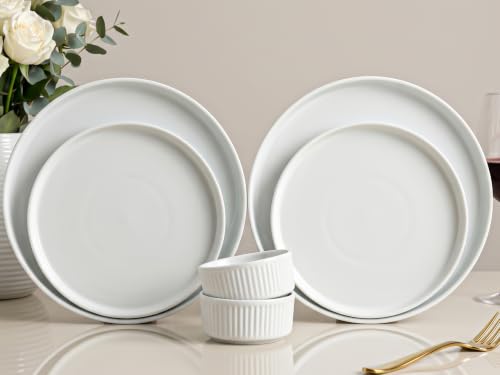 Image of Bodhi House 6-Piece Ribbed Porcelain Dinner Set for 2, White Dinnerware Set with 2 Dinner Plates, 2 Quarter Plates & 2 Katori, Microwave & Dishwasher Safe, Chip Resistant Crockery Set