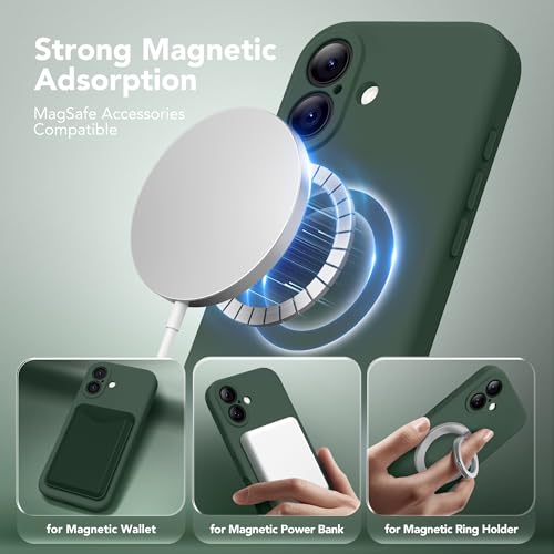 Image of Magnetic for iPhone 16 Case, Compatible with MagSafe, [Screen Protector + Full Camera Protection], Silicone Shockproof Anti-Scratch Protective Phone Case for iPhone 16 6.1 inch, Alpine Green