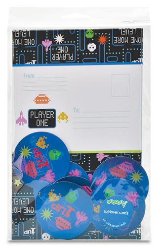Image of iscream Fold and Send Boys Stationery Note Cards with Seals - Retro Gamer | 8 Pack, Fun Print, Large Format 8.7 inch x 5.4 inch Cards, Sturdy Lenticular Picture Changing Stickers, Summer Camp Ready