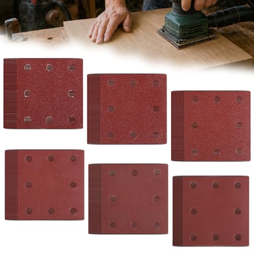 Linkstyle 110x115 mm Papier Abrasif Kit: 60 Papiers a Poncer Auto Agrippante 8 Trous Grain 40/60/80/120/180/240 pour Ponceuse Orbitale sur Bois, Métal, Vernis, Plastique