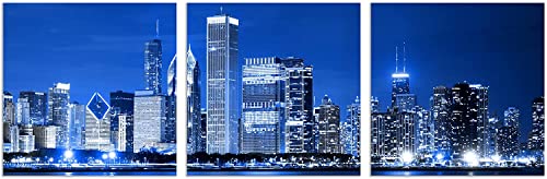 Ownanrthm Chicago Skyline Art Canvas Chicago Skyline Wall Art Blue City The Picture Print On Canvas Chicago Painting For Home Decor Living Room Bedroom Decor Stretched And Framed 12" X 12" X 3 Pieces #TOP1