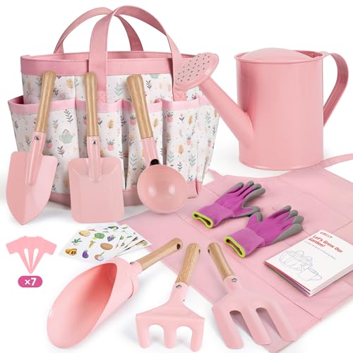 Cossy Kids Gardening Set 13PCS Garden Tool Kit for Kids and Toddlers Boys Girls Includes Tote Bag Watering Can Shovels Rake Kids Gardening Gloves Apron and More Pink