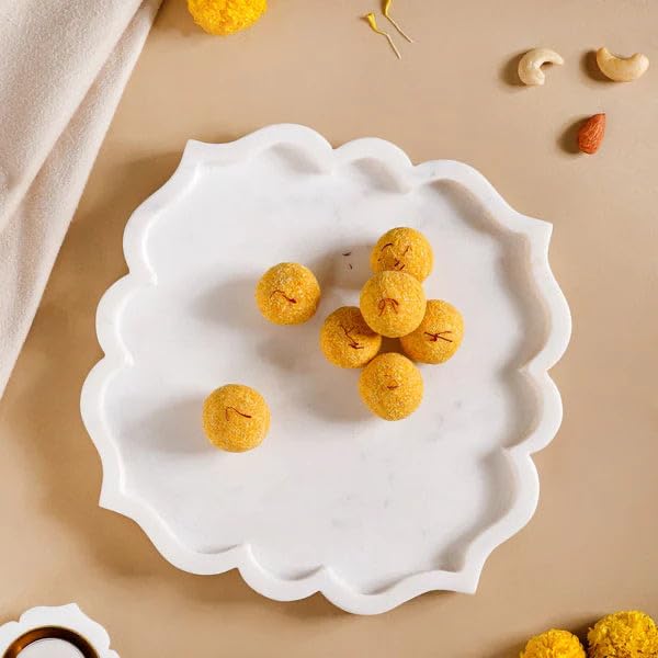 Image of B R & Sons Elegant Floral Design White Marble Serving Tray - Decorative Platter for Home Decor, Cheese Board, Dessert & Snacks - Handmade in India 8x8 Inches (White, Square Mehrab)