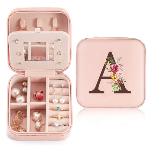 Sinekong Estuche Joyero Pequeño con Inicial A, Portátil Jewelry Organizer, Joyero Organizador de Viaje de Cuero PU, Pequeño para Regalo Niña, Madre, Cumpleaños Rosa