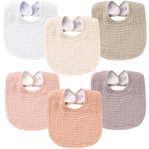 Image of Konssy 6-Pack Muslin Baby Bibs for Boys & Girls, Soft Cotton Absorbent Bandana Drool Bibs for Drooling & Teething
