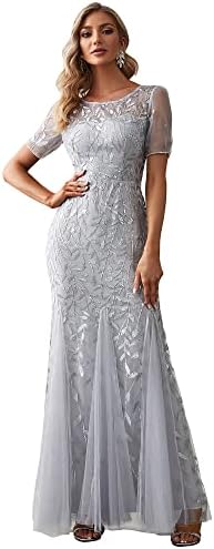 Ever-Pretty Women's Illusion Embroidery Maxi Mermaid Formal Prom Dress Silver US14