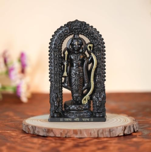 Image of Ram Lalla Idol with Temple Arch Design, Black & Gold Finish Religious Statue, Jai Shri Ram Decorative Figurine for Home Temple, Puja Room, Car Dashboard, Office Desk & Spiritual Gift