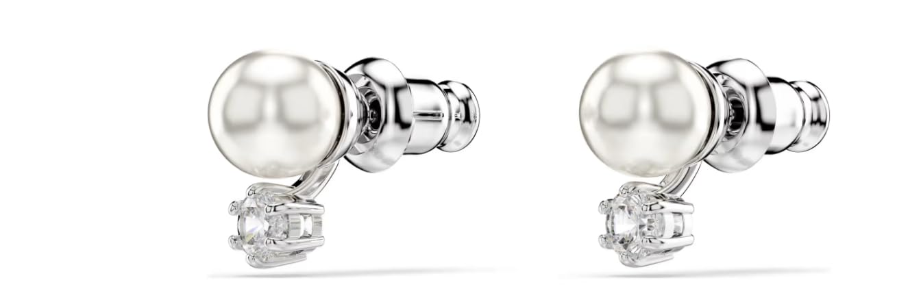 Matrix stud earrings Crystal pearl, Round cut, White, Rhodium plated