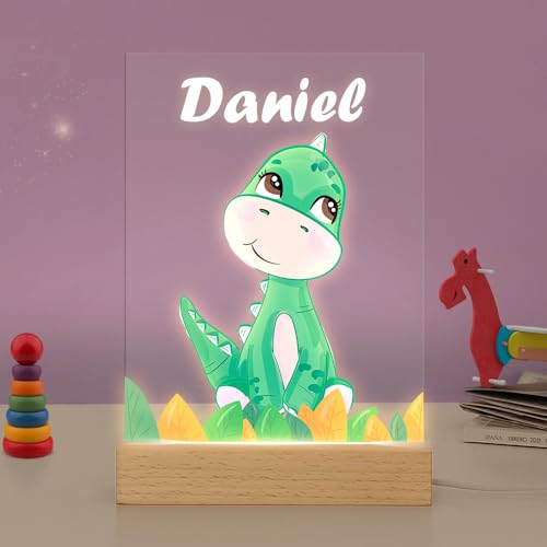 Transparent Gift Lámpara Infantil Personalizada con Nombre Dinosaurio. Luz Nocturna Quitamiedos de Mesita para Bebés. Lámparas de Metacrilato y Base de Madera. Regalos Originales para Niños y Niñas