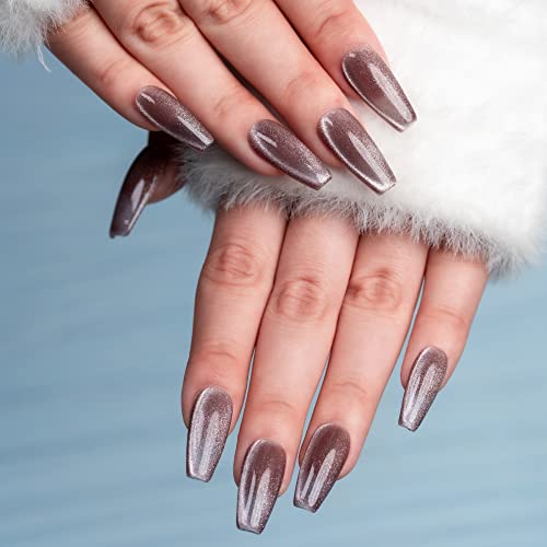 Sun&Beam Nails Handmade Press-On Medium Long Coffin Ballerina with Grey Taupe Color Cat Eye Design Charm Cute False Nail Tips 10 Pcs (#87 M)