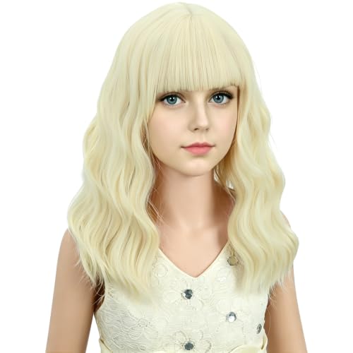 Image of Adult Light Blonde Wig Women Short Blonde Wavy Curly Wigs Adult Wig with Air Bangs Synthetic Cosplay Hair Wigs