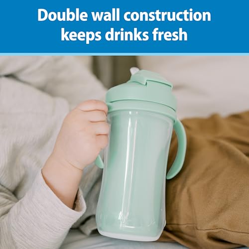 Dr. Brown's Milestones Insulated Sippy Cup with Straw and Handles, Spill-Proof Tumbler with Lid, 2-Pack, Green, 10 oz/300 mL, BPA Free, 12m+
