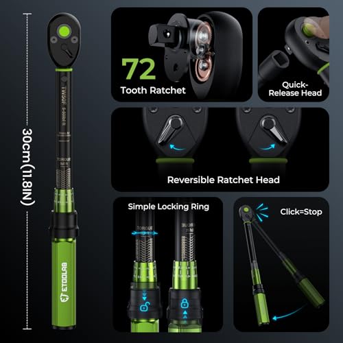 etoolab Chave de torque de 3/20.3 cm - 5 a 50 pés/5 a 69,4 Nm, chave de torque ajustável de 72 dente