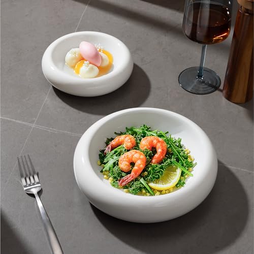 Navaris Platos Postre y Pasta - Set de 2x Bol de Porcelana para Postres y Pastas - 2x Plato Hondo Ceramica de 16,5 cm y 21,5 cm - Vajilla Moderna Voluminosa - Bowls Blanco Crema