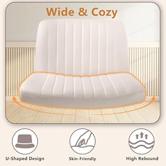 Criss Cross Chair with Wheels, Cross Legged Office Vanity Chair with Wheels, Comfortable Beige Vanity Chair with Back, Armless Fabric Adjustable Wide Swivel Criss Cross Desk Chair for Home Office