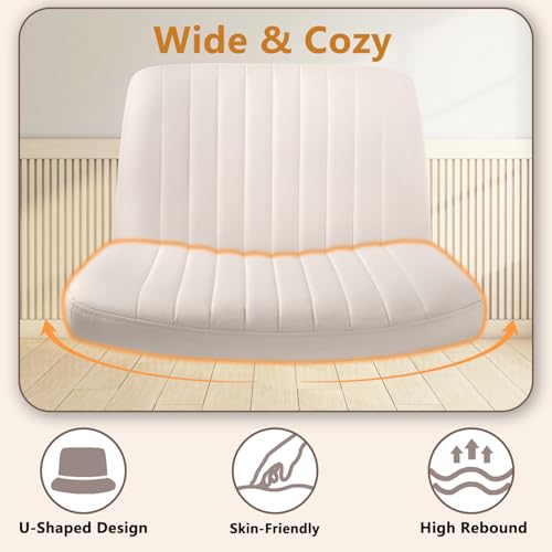 Criss Cross Chair with Wheels, Cross Legged Office Vanity Chair with Wheels, Comfortable Beige Vanity Chair with Back, Armless Fabric Adjustable Wide Swivel Criss Cross Desk Chair for Home Office