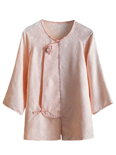 Chemise en soie femme rose jacquard HangErFeng col rond : haut fluide élégant manche longue