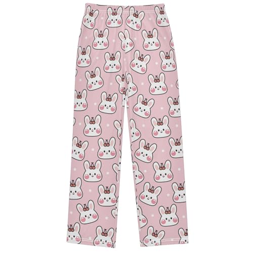 Boy's Pj Pants Cute Rabbit Face Cherry Pink Lounge Bottoms Elastic Waist Kids Joggers with Pockets Size 6-14