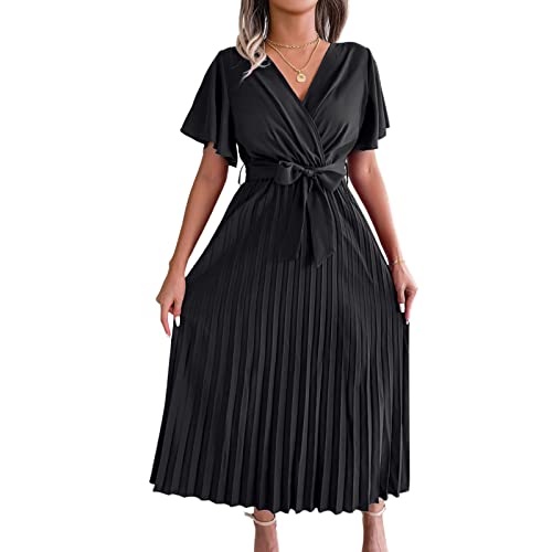 Image of Women's Elegant Belted Pleated Flounce Sleeve Long Dress Wrap V Neck A-Line Pleated Hem Flowy Swing Midi Dresse (Black, Medium)