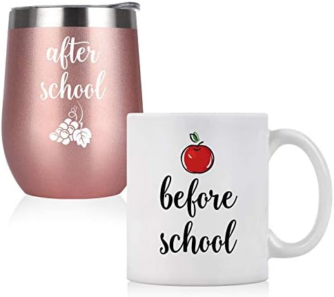 Qtencas Before School After School Teacher Coffee Mug and Wine Tumbler Set, Funny Idea for Teachers, Teacher Appreciation from Students, 12 Oz Insulated Stainless Steel Tumbler 11 Oz Coffee Mug