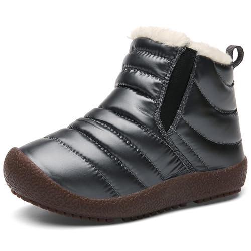 WUIWUIYU Boys Girls Outdoors Waterproof Pull Tab Slip On Warm Fur Lined Snow Boots Ankle Booties