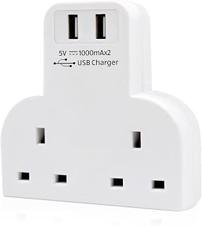 Double Plug Adaptor with 2.4A 2 USB Charging Ports, 13A/3200W - 2 Way Plug Adapter, Durable & Compact Designed Multi Sockets Extension Wall Charger Adapter for Bedroom, Kitchen, Hotel, and Office use