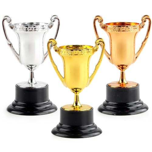 Mini Award Trophy Cups, Pack of 18 Bulk Plastic Gold Silver Bronze Award Trophies Set for Kids for Party Favors, Props, Rewards, Winning Prizes, Competitions