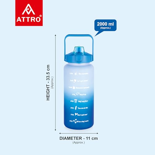 Image of ATTRO Motivational 2 Liter Quotes & Time Marker Dual Colour Sports Bottle With Easy to Carry Handle & Straw BPA Free, Leak Proof for Gym, Office, Workout- Blue Sky Blue, Plastic