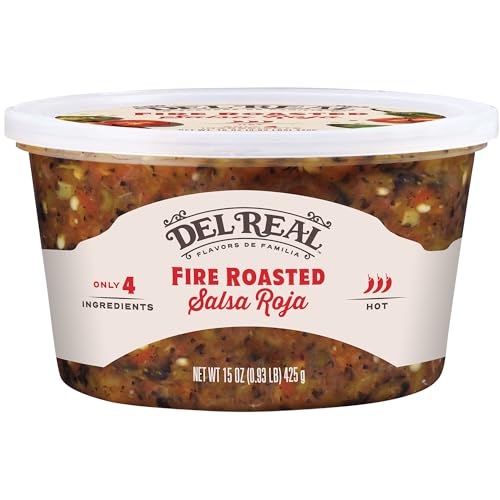 Del Real Foods Red Hot Salsa &ndash; Authentic Flavor with Fire-Roasted Tomatoes & Chiles, Refrigerated Fresh Dip, No Preservatives, Ideal for Tacos, Chips, Burritos & Mexican Recipes, 15oz Tub