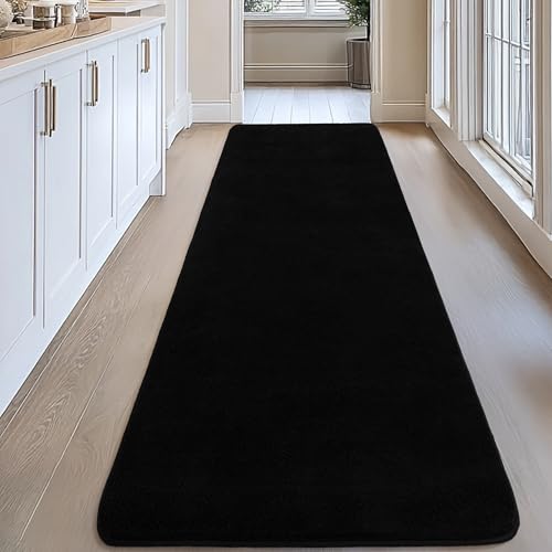 Image of Large Modern Runner Rugs for Living Room Bedroom, 2x6 Feet Black Ultra Soft Thickened Memory-Foam Indoor Rug, Comfy Aesthetic Solid Minimalist Carpets for Girls Boys Nursery Dorm Home Decor