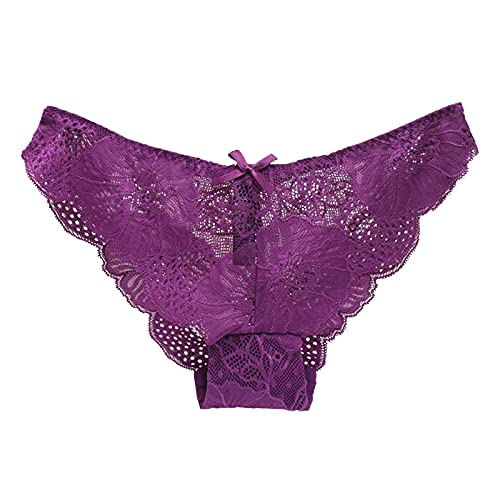 ZDJH Culotte sexy en dentelle pour femme - Taille basse - Culotte taille basse - Tanga transparent - Sans couture - Slip en dentelle doux et confortable - Lingerie érotique - Nœuds d'arc, lilas, XXL